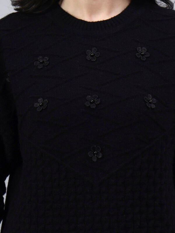 S33_BLACK_01_5 Round Neck Geomatric With Patch Work Design With Premium Acrylic Wool Women Knitted Top & Sweater