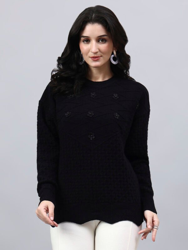 S33_BLACK_01_7 Round Neck Geomatric With Patch Work Design With Premium Acrylic Wool Women Knitted Top & Sweater