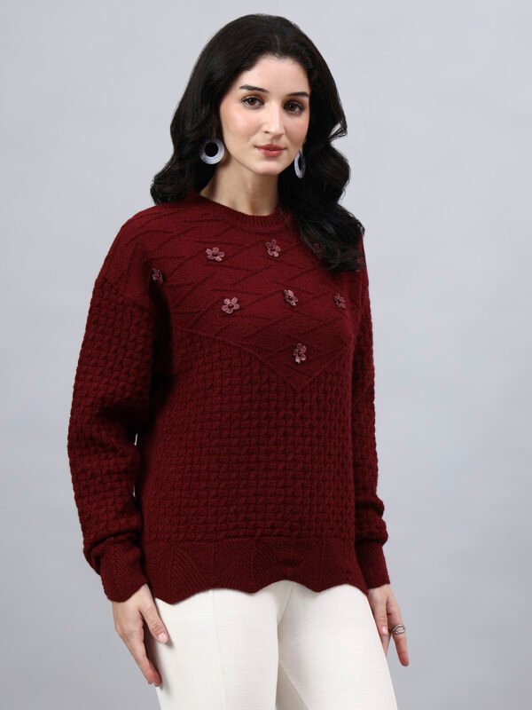 Round Neck Geomatric With Patch Work Design With Premium Acrylic Wool Women Knitted Top & Sweater