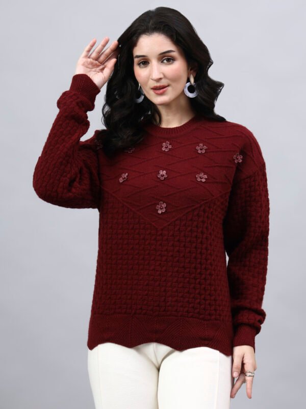 Round Neck Geomatric With Patch Work Design With Premium Acrylic Wool Women Knitted Top & Sweater